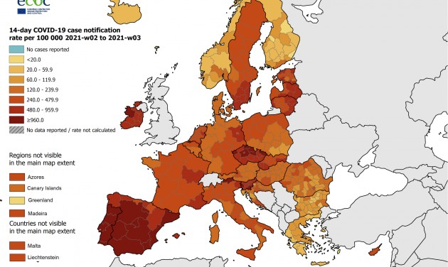 Sötétvörössel jelölik a legfertőzöttebb térségeket az EU-ban